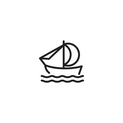 A sailboat on the water on icon. A line drawing of a sailboat with a single sail, sailing on wavy water. This symbolizes sailing, boating, or nautical activities. Editable icon.