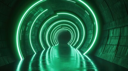 Fototapeta premium 3D render featuring green neon lights in a circular tunnel creating an abstract geometric backdrop