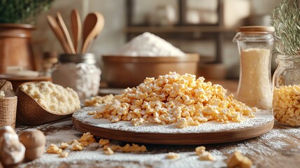 Freshly made homemade pasta on a wooden board, surrounded by ingredients.