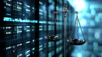 A metal scale of justice against a blurred background of binary code.