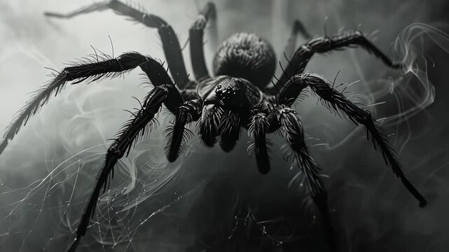 A hairy spider crawls through a web of smoke, its eight legs reaching out for the next step