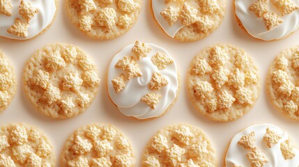 Close-up shot of yellow and white decorated cookies arranged in a repeating pattern.