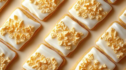 Close-up shot of yellow and white decorated cookies arranged in a repeating pattern.