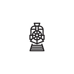 Train icon, front view with visible wheels and tracks. A journey awaits, wheels turning on tracks. Editable icon.