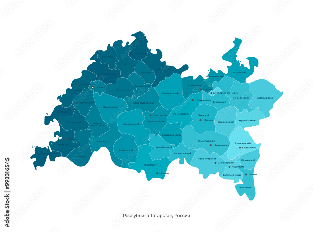 Wall mural Vector isolated illustration with authors vision. Simplified administrative map of Republic of Tatarstan, Russia. Names of capital Kazan, cities and district in Russian language