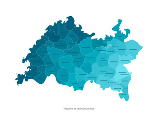 Vector isolated illustration with authors vision. Simplified administrative map of Republic of Tatarstan, Russia. Names of capital Kazan, cities and district in english language
