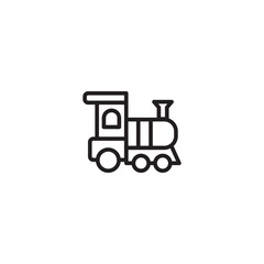 A line drawing of a toy train with a chimney, windows, and wheels. A minimalist illustration of a toy train with four wheels, a chimney, and a single window. Editable icon.