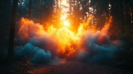Naklejka premium Colorful Smoke Explosion in Forest at Sunset Generative AI