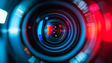 Close-up of a camera lens with colorful reflections.