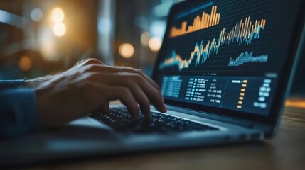Businessman working on a laptop, column chart on screen displaying company growth statistics and investment potential.