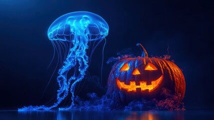 Fototapeta premium Glowing Jellyfish Near Carved Pumpkin for Halloween