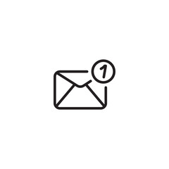 A line drawing of an envelope with a notification badge showing. Icon representing a single unread email. Editable icon.