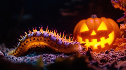 Glowing Sea Cucumber Resting Near Pumpkin Decoration