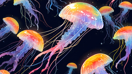 Naklejka premium Colorful jellyfish swimming in a dark blue ocean