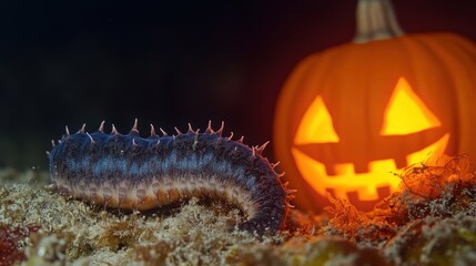 Glowing Sea Cucumber Near Pumpkin Underwater