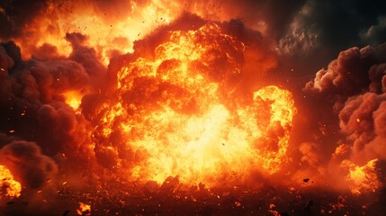 Fototapeta premium A massive explosion releases intense orange flames and smoke into the sky dispersing debris in all directions in a dramatic display
