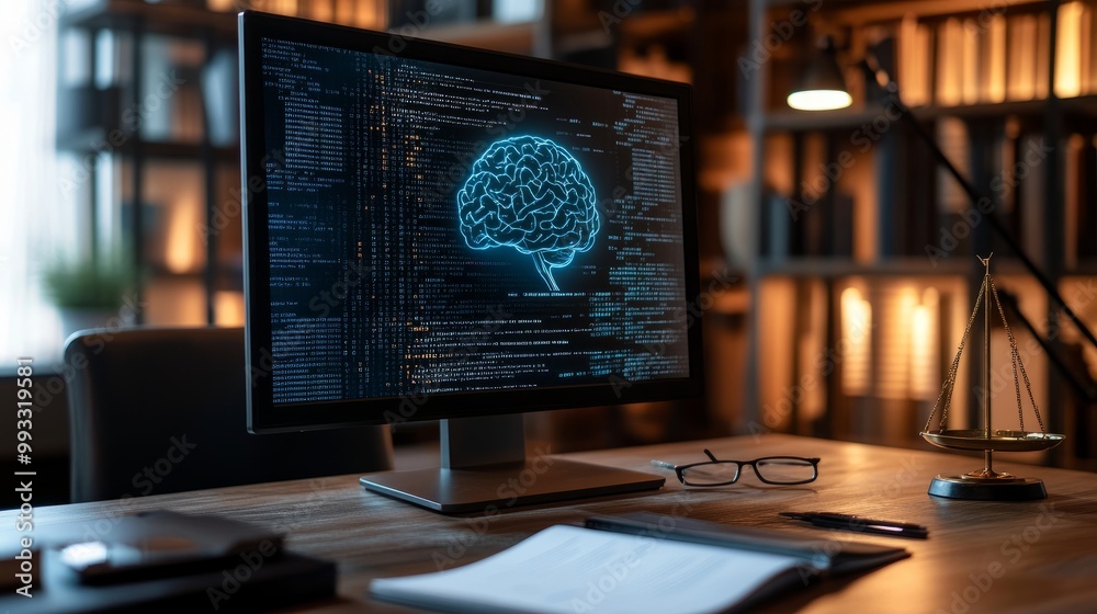 Poster computer monitor showing artificial intelligence code with a legal report on ai ethics and standards