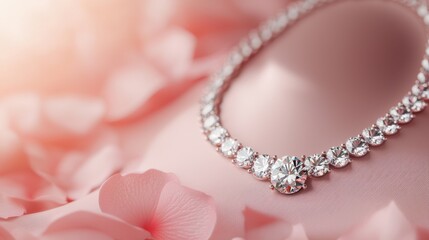 Obraz premium Sparkling Diamond Necklace on Satin Cushion with Soft-focus Jewels and Petals