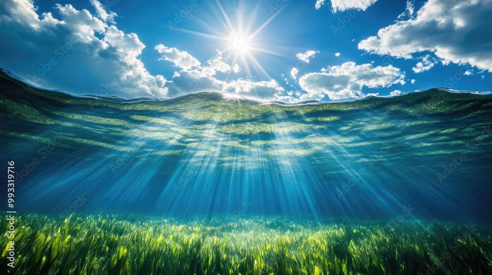 Wall mural Underwater perspective showcasing sun rays filtering through the water surface with a clear blue sky above High quality imagery