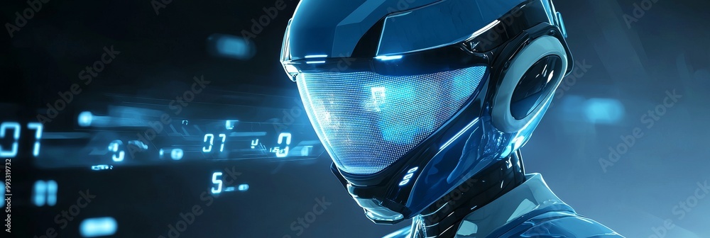 Poster cyborg head using stock for 3d rendering of digital interface