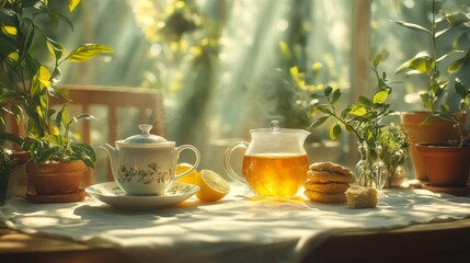 Cozy Tea Time with Sunlit Garden Generative AI