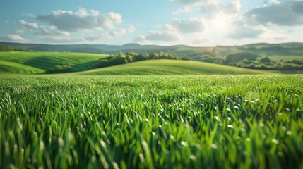 Fototapeta premium Green grass field with rolling hills and distant trees under a blue sky with clouds.