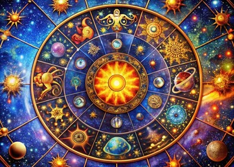 Fototapeta premium Intricate Astrology Patterns and Symbols on a Cosmic Background for Spiritual and Mystical Themes