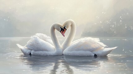 A couple of swans gracefully glide on the lake leaning against one another Their feathers are pure white creating an elegant scene on the water