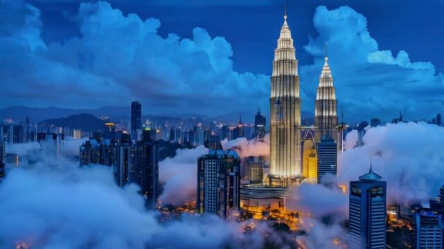 Kuala Lumpur City pendant l'heure bleue. Ville de Kuala Lumpur pendant l'heure bleue avec les nuages lourds