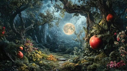 Temptation of the forbidden fruit in a mystical paradise evoking the allure of desire and sin