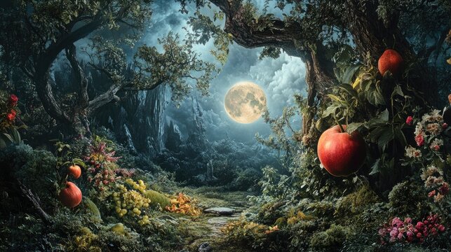 Temptation of the forbidden fruit in a mystical paradise evoking the allure of desire and sin
