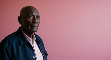 Fototapeta premium Focused elderly Black man with bald head wearing jacket on plain pink background
