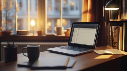 Home study environment with a laptop displaying an internet lesson, coffee mug and notebook on the desk.