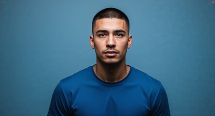 Obraz premium Focused young Hispanic man with buzz cut wearing tshirt on plain blue background