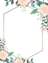 Watercolor floral frame background with golden frame
