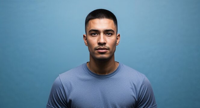 Focused young Hispanic man with buzz cut wearing tshirt on plain blue background