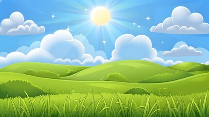 Fototapeta premium Cartoon Landscape Featuring a Sunny Sky, Puffy Clouds Floating Above, and a Lush Green Grassy Field with Gentle Hills