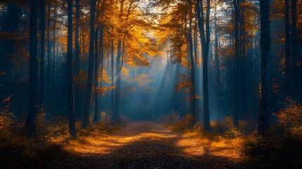 Obraz premium Autumn forest with sunrays through trees