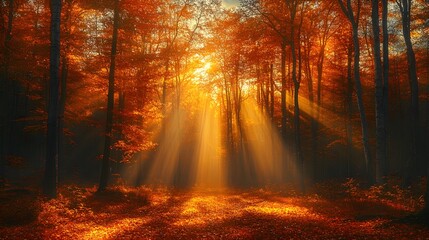 Obraz premium Autumn forest with sunrays through trees