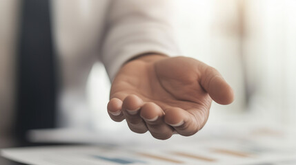 Fototapeta premium A close-up of a businessman’s hand outstretched, with a focused expression, emphasizing the concept of seeking a financial loan for business growth, against a backdrop of financial
