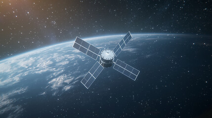Obraz premium A sleek, geometric 3D satellite orbiting a distant planet, with solar panels and antennas in a clean, minimalistic design, set against the vastness of deep space and twinkling star