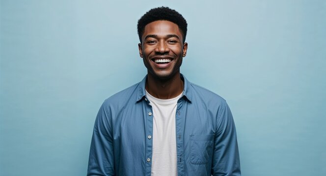 Joyful young African American man with short hair wearing casual shirt on plain light blue background