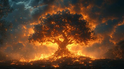 Naklejka premium Burning Tree Against Stormy Sky Generative AI