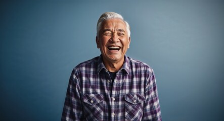 Fototapeta premium Laughing elderly Hispanic man with short white hair wearing flannel shirt on plain blue background