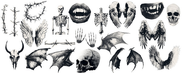 hotocopy  Magazine, newspaper clipping, Vintage elements.   illustration of grunge dadaism texture icons for psychedelic.Rock, skull, wings, demon, angel, feathers, skeleton, bones, mouth, fangs, scar