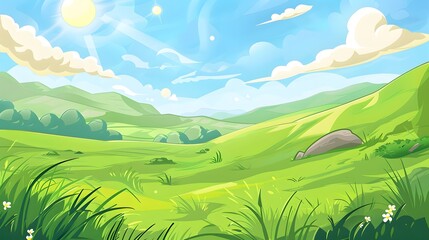 Obraz premium Cartoon Landscape Featuring a Sunny Sky, Puffy Clouds Floating Above, and a Lush Green Grassy Field with Gentle Hills