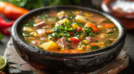 Bowl of vegetable and meat soup with herbs on top.