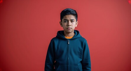 Obraz premium Serious Hispanic teenage boy wearing hoodie on plain red background