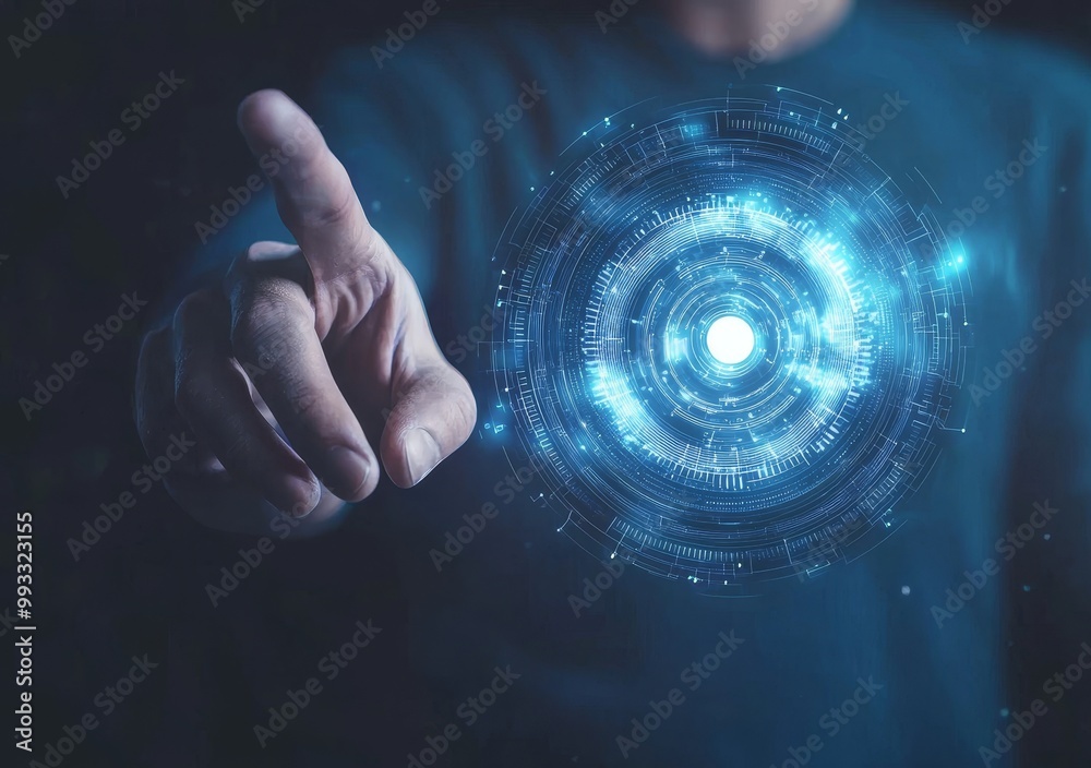Poster an abstract background with a person touching an advanced circular diagram on a virtual screen with 