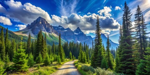 Sapphire skies above tower over conifers swaying gently in the breeze along the winding mountain path.